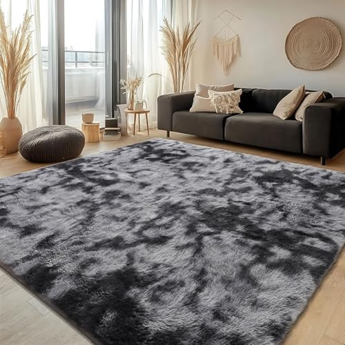 ASIinnsy Tappeto Salotto Moderno Pelo Lungo Shaggy Peloso Grigio Morbido Soffice Antiscivolo Tappeti Soggiorno Grandi (200 x 200 cm, Nero Grigio)
