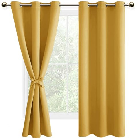DWCN Blackout Curtains with Tiebacks for Bedroom Thermal Insulated Solid Eyelet Curtains for Living Room,2 Panels,46 Wide x 72 Drop Yellow