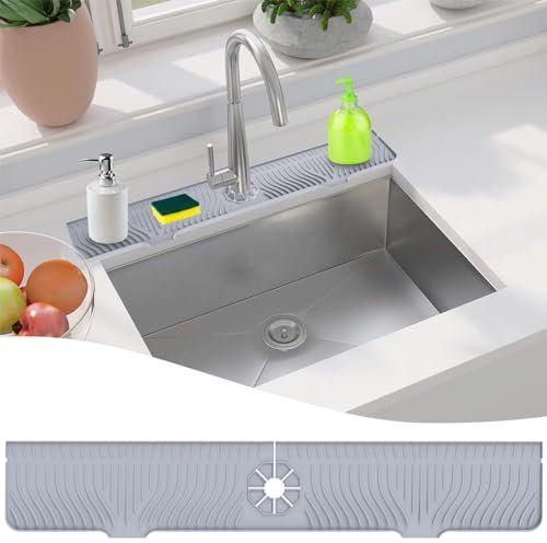 Longer Sink Splash Guard Mat 33 inch, Silicone Faucet Handle Drip Catcher Tray, Longer Silicone Sink Mat for Kitchen Bathroom, Drip Protector Splash Countertop (Grey)