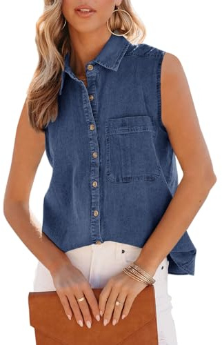 Orchidays Women's Denim Tank Top V Neck Button Down Collared Sleeveless Shirts Casual Blouse Tops