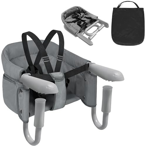 PEILU Faltbare Tischsitze Baby Boostersitze mit 3-Punkt Sicherheitsgurt & Anti-Rutsch-Klemmen Ergonomischer Kinder Esszimmerstuhl Sitzerhöhungen Tragbar Babysitz für Zuhause & Reise (Grau)