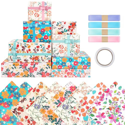 8 pezzi di carta da regalo per bambini, con fiori, per compleanno, per bambini, set con fiocco e nastro, carta da regalo per ragazze (50 x 70 cm)