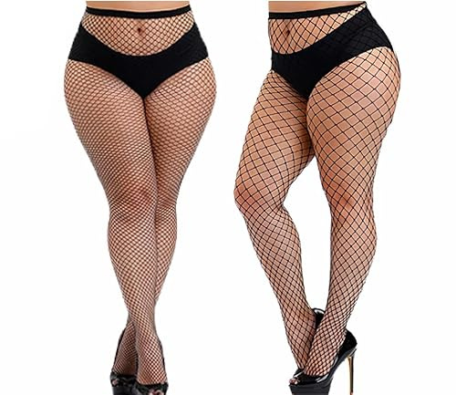 E-Laurels Plus Size Fishnet Stockings for Women,Plus Size Sexy Fishnets Tights-2 Pairs,Halloween Fish Net Stockings