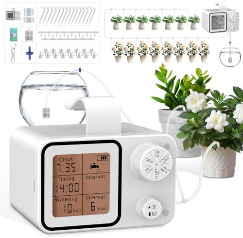 Hjh Bewässerungssystem Indoor Automatische Bewässerung Set, 15 Drip Tropfer Einstellbar, Programmierbare Tropfbewässerung für Garten Balkon Gewächshaus Innen Zimmerpflanzen Urlaubsbewässerung