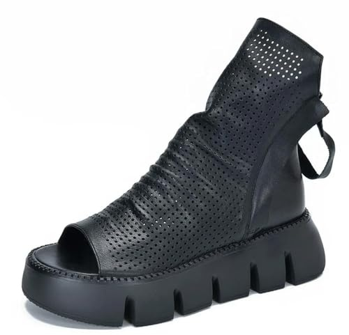 SYJYM Moda Hollow Estate Cool Boots Donna Pelle Zeppe Tacco Piattaforma Stivaletti Donna Peep Toe Sandali Retro, Nero , 39 2/3 EU