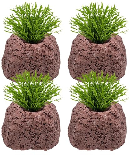 Macetas Para Plantas De Acuario- Diseño De Piedra Volcánica De 4 Piezas, Base Antiflotante De Anillo Ovalado, Anillos Fijos Para Plantas Acuáticas, Textura Mineral Natural Para Paisajismo Acuático | P