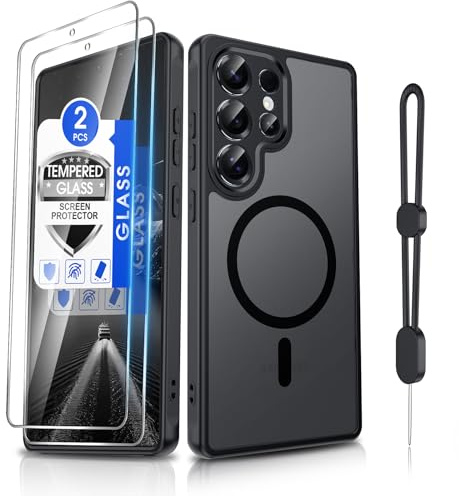 Dizn Magnetic Case for Samsung Galaxy S25 Ultra: [Not Fit S25], 2 Tempered Glass Screen Protector, Phone Lanyard, Fit for MagSafe,Camera Bumper Protection,Frosted Translucent, Cover S 25 Ultra,Black