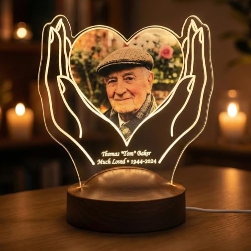 EternalEcho Personalised Memorial Gifts for Loss of Loved One - Hands Holding Heart Photo Night Light - Sympathy Tribute for Mum Dad Nan Grandad - Custom HD Printed Acrylic Plaque (USB, 16cm)