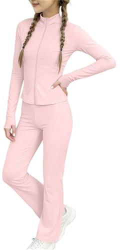 KODMNSW Bekleidungssets für Mädchen Jogginganzug Sport Jacke mit Schlaghose Set Sommer Outfits Zweiteiler Freizeitanzug Atmungsaktive Mädchenbekleidung für Laufen, Fitness und Yoga Rosa 140