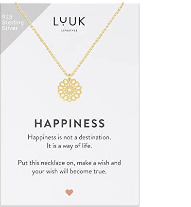 LUUK LIFESTYLE Halsband i 925 Sterling Silver med mandalahänge och ett inspirerande HAPPINESS-kort, lyckoamulett, vänskapsgåva, damsmycken, guld