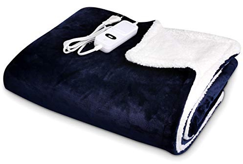 Navaris XXL Elektrische Poncho Heizdecke - 180x130cm 3 Wärmestufen Abschaltautomatik waschbar - Kuschelige Wärmedecke Dunkelblau Weiß