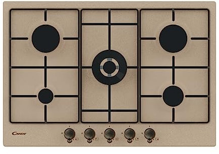 Candy Classic Piano Cottura a Gas 5 Fuochi, Acciaio Inossidabile, Bruciatore a Doppia Corona, Griglie Smaltate Leggere e Lavabili in Lavastoviglie, 74,5 x 51 x 3,5 cm, Color Avena - CHW7AV4WGT