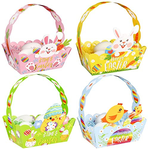 DPKOW 12pcs Fai-da-Te Pasqua Cestino con Manici, Carta Pasqua Uovo Cesto Cioccolato Caramelle Cestino per Bambini Artigianato, Pasquali Regalo Confezione Cestini Giocattolo Cesti Pulcini Coniglio