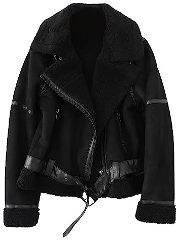 Women's Faux Shearing Moto Jacket Thick Lined Parka Winter Shearling Coat Leather Jacket (Faux Suede Lambs Black, M)