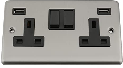 A5 USB Socket 2 Gang - Satin Matt Chrome Classic - Black Insert - Plastic Rocker Switch