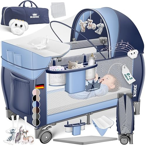 KIDIZ® Cuna de bebé 3 en 1 Cama de Viaje, Combi Set, Cama de bebé con Cambiador, mosquitero Corral de Juego, Azul