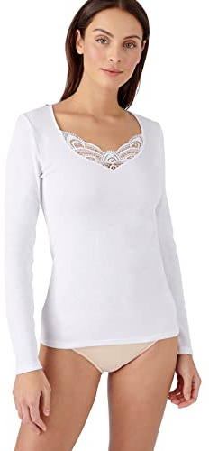 Damart - T-Shirt Fine Côte Guipure Thermolactyl, Femme, Blanc, Taille XXL, Manches Longues