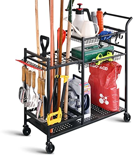 PLKOW Garden Tool Organizer with Wheels, Garden Tool Rack, Yard Tool Holder for Rakes, Shovel, Fertilizer, Garden Tool Storage for Garage, Shed, Outdoor