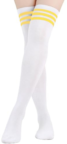 Miklettie Kniestrümpfe Damen mit Streifen Overknees Hohe Socken Mädchen Cospaly Strümpfe weiß mit streifen Gelbe