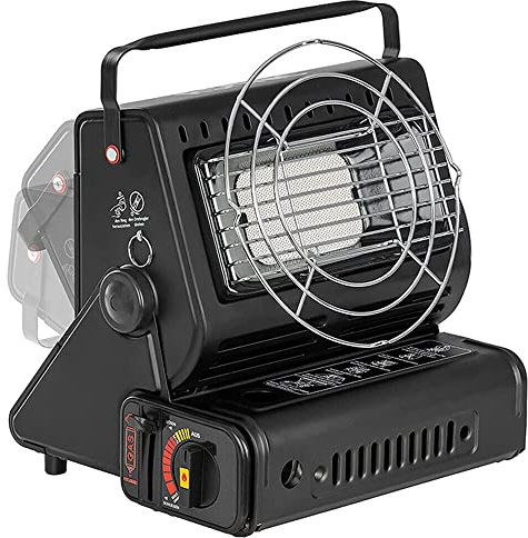Kaufbasar 2-in-1-Gasheizer mit abnehmbarem Edelstahl-Hartrahmenring für Outdoor-Camping, tragbarer Heizer für Zelt, Wohnwagen, Reisen, Angeln, 1,3 kW Keramikbrenner (schwarz) mit 12 Butangaskartuschen