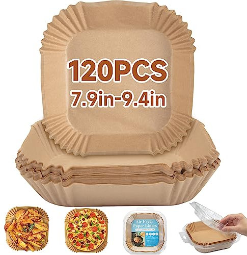 120PCS Air Fryer Liners, HAUSPROFI 7.9 inch Square Disposable Paper Non-Stick Baking Fryer, Food Grade Parchment Compatible with COSORI, Ninja, Tower Brown (Q090)