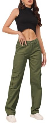 THWEI Cargo Pants for Women High Waisted Casual Pants Y2K Streetwear with 6 Pockets Green XS