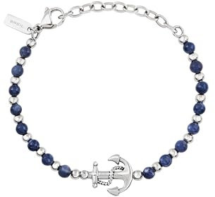 Breil, Collezione Sound Wave, Bracciale Uomo con Sfere Intervallate in Acciaio Lucido e Sodalite, Arricchito da un Ciondolo in Acciaio a Tema Marino, Lunghezza Regolabile
