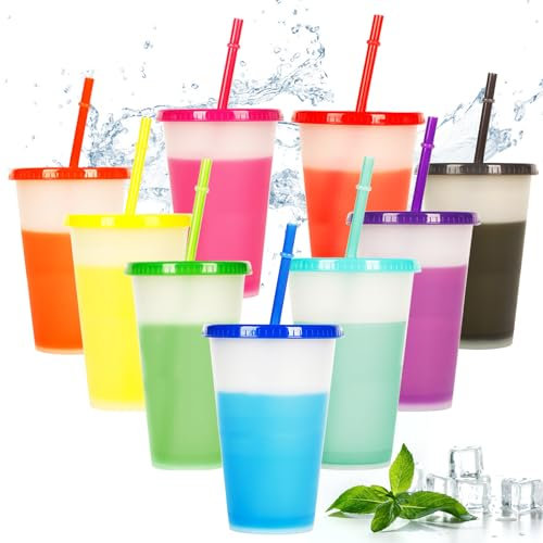 dellyy Trinkbecher mit Strohhalm & Deckel, 9 Stück Bunte Plastikbecher, Trinkbecher Kinder, Farbwechsel Becher 480ml, Erwachsene Kinder Partybecher Tasse Cup Travel Mug Kaffeebecher(A)