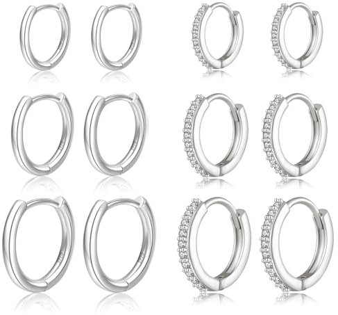 ABPBA Silber Creolen mit Zirkonia - Hypoallergene Kleine Ohrringe Set für Mehrere Piercings 6 Paar