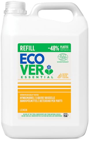 Ecover Essential Liquide Vaisselle, Nettoyant Vaisselle aux Extraits Botaniques, Action Nettoyante et Dégraissante, Parfum Citron, Bouteille Recharge de 5 Litres