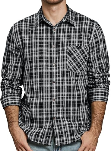 JOGAL Camicia da uomo a quadri, a maniche lunghe, vestibilità regular, camicia tradizionale con bottoni, in cotone, per il tempo libero, con tasca, Nero , XXL