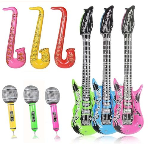 AMSNINK 9 chitarre gonfiabili per feste Props-3, 3 microfoni, 3 sassofoni, chitarre ad aria gonfiabili, chitarra gonfiabile, strumenti gonfiabili