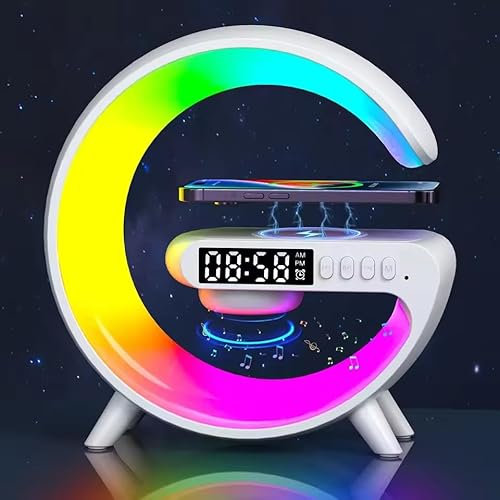 Multifunctional Night Light lamp with Sunrise Alarm Clock, 15W USB-C Wireless Charger, dimmable RGB LED Lighting, Bluetooth Speaker, Dynamic Modes | Stylish Bedside & Desk lamp for Home