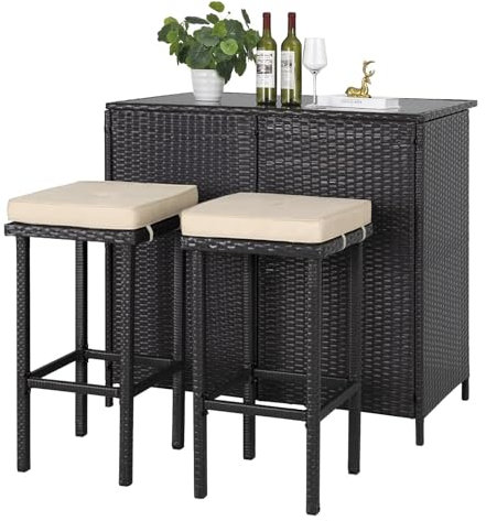 Calma Lux® Polyrattan Gartenbar Set Gartenmöbel Sitzgruppe Rattan Bar Tresen Theke Tisch Barset Bartisch Stehtisch Gartentheke Barhocker Bar-Stuhl Sitzgruppe (Braun&Khaki)