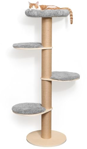 FUKUMARU Arbre à Chat, Perchoir de Fenêtre à 4 Niveaux pour Chat avec Lit en Peluche Spacieux, Tour d'escalade Polyvalente avec Poteaux à Griffer Épais pour Dormir, Griffer et Observer, Gris