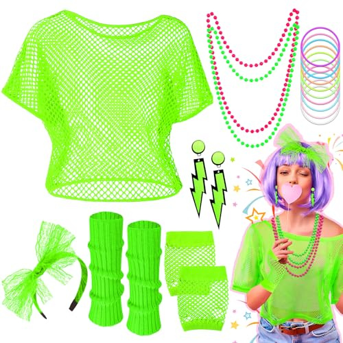 Tenue des années 80 pour femme - 20 pièces - Ensemble de vêtements des années 80 - T-shirt néon - Bandeau fluo - Chauffe-jambes - Gants en maille - Collier - Bracelet - Boucles d'oreilles - Pour fête