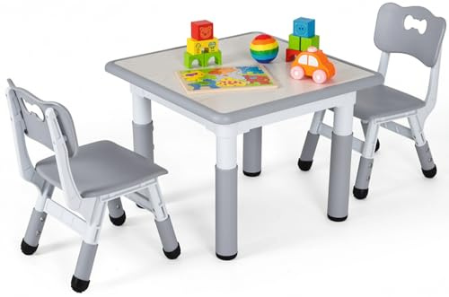 Clevich Tavolo per Bambini con 2 Sedie, Set di Seggiolini per Bambini Regolabile in Altezza, Sedie Ergonomico Adatto dai 3 Anni in su, Multifunzionale, per Cameretta e Soggiorno, Grigio