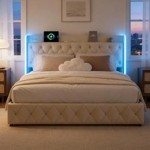 BRILVERDE Letto Imbottito 140x200 cm con Contenitore Idraulico, Letto Matrimoniale a LED con USB, Funzionale con testiera, Struttura Letto con Rete a doghe, in Velluto (Beige, 140 x 200 cm)