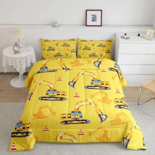 feelingyou Boys Car Yellow Excavator Comforter Set Single,Construction Theme Bedding Sets,Kids Engineering Car Quilted Duvet,Children Single Girls Cartoon Cars Duvet Insert,1 Pillowcase