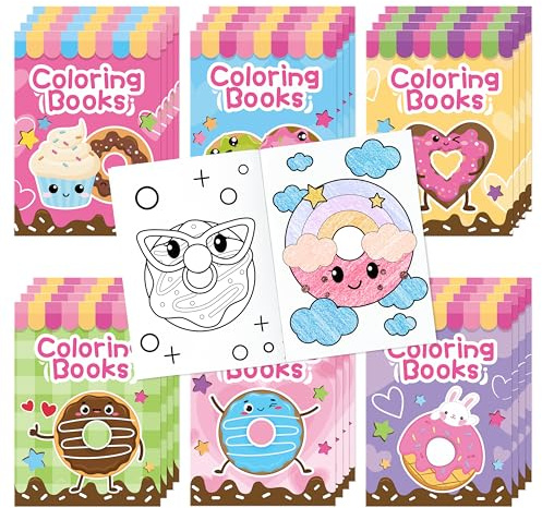2OOYA Lot de 24 livres de coloriage en forme de donut pour enfants, cadeaux de fête, 6 styles de dessin animé, mini livres d'activité, modèles de coloriage pour prix scolaires, récompenses de classe