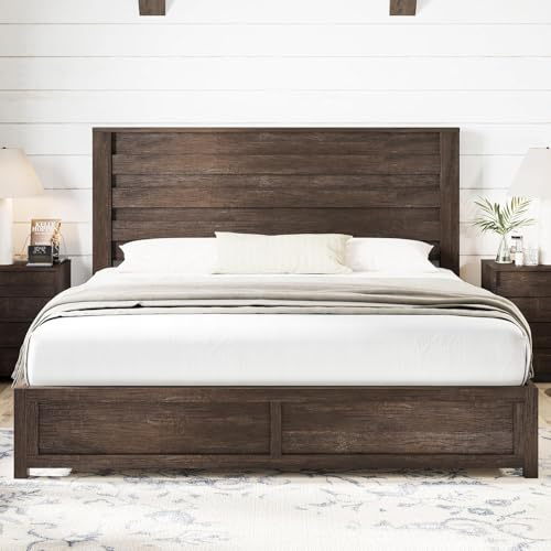 AMERLIFE Farmhouse King Platform Bed Frame with 49 Fluted Headboard, Wooden Bed with Natural Grain Finish, Noise-Free, No Box Spring Required, Easy Assembly, Grey