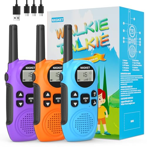 NXGKET Walkie Talkie Niños, Walkie Talkies Largo Alcance 3KM con 16 Canales, Linterna LED, VOX, Juguetes para Exteriores y Regalos de Pascua Adecuados para Niños de 3 a 12 Años，Paquete de 3