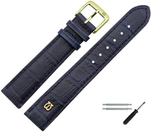 MARBURGER Uhrenarmband 14mm Leder Blau Gold Alligator Prägung Mit Naht - Montage Set 5281450000220