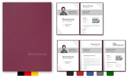 5 Stück 4-teilige Bewerbungsmappen BL-exclusivdruck® MEGA-plus in Bordeaux - Premium-Qualität mit edler Relief-Prägung 'Bewerbung' - Produkt-Design von 'Mario Lemani'