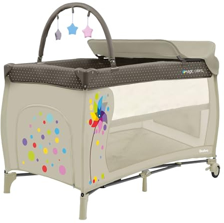 Asalvo Cuna de Viaje Completa con Doble Altura y Cambiador 0-15 kg – 120x60 cm – Plegado Compacto, Ruedas con Freno y Bolsa de Transporte (Molinillo Beige)
