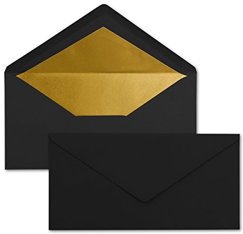 25 Brief-Umschläge DIN Lang - Schwarz mit Gold-Metallic Innen-Futter - 110 x 220 mm - Nassklebung - festliche Kuverts für Weihnachten