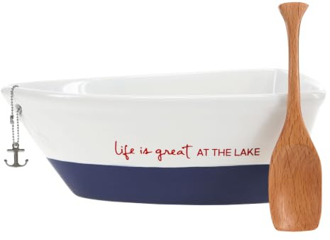 Pavilion Gift Company 67541 12 Oz Stoneware Boat Dish Server with Wooden Oar Scoop Life is At The Lake, Blue