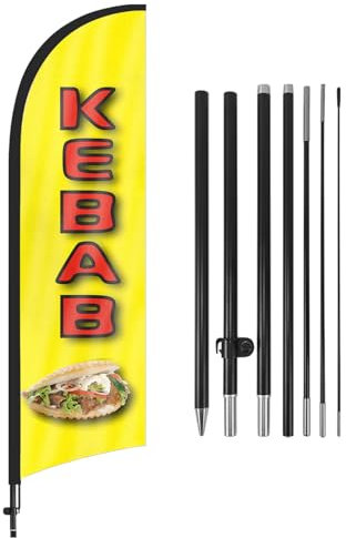 QSUM Kebab Plume Drapeau, 8FT Kebab Drapeau Publicitaire avec Kit Poteau, Piquet de Sol,Signs Publicitaire Exterieur Adapté Pour publicité en magasin et Extérieur
