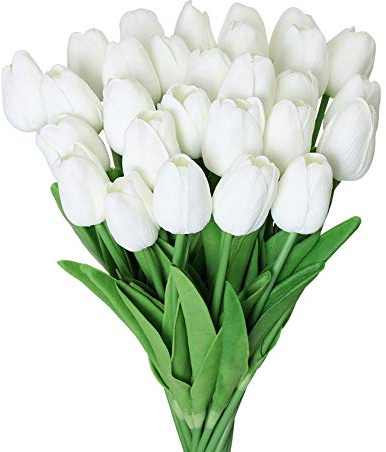 Kisflower 30Pcs Latex Tulips Real Touch White Artificial Flowers Fake Tulips Arrangement Bouquet for Home Office Wedding Decor (White)