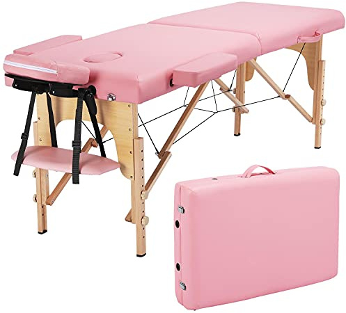 Yaheetech Portable Massage Table Folding Spa Beauty Bed Lightweight Tattoo Therapy Couch Wooden 60 cm Width 2 Section Pink